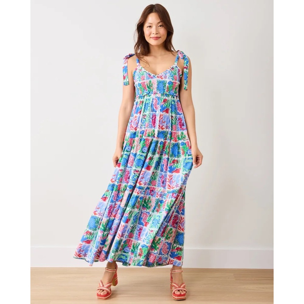 Printfresh Under the Sea Organic Cotton Smocked Tiered Maxi Dress Tie Strap M